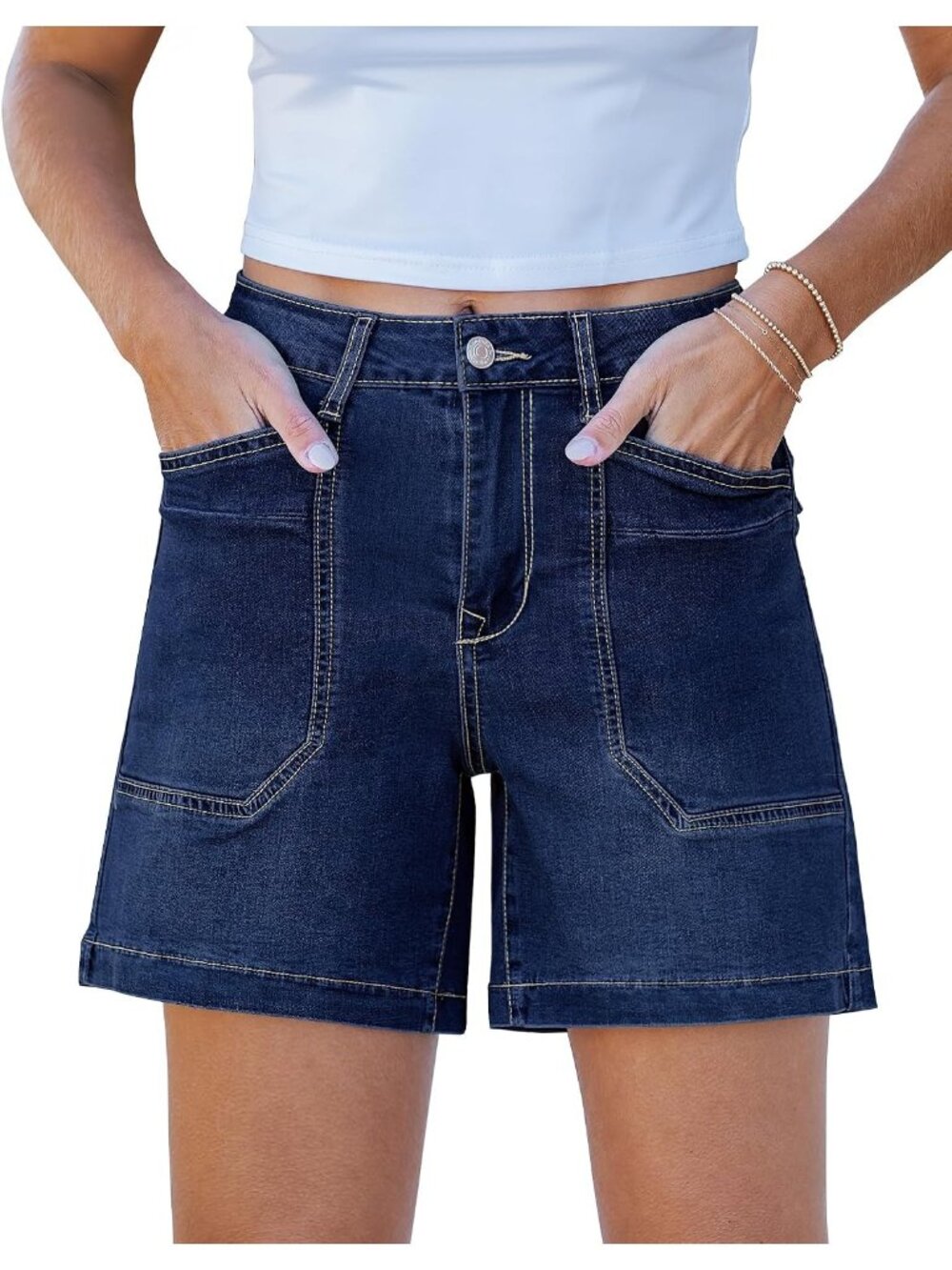Women's Blue Trendy Mid Rise Summer Jorts Stretchy Denim Shorts with Pockects